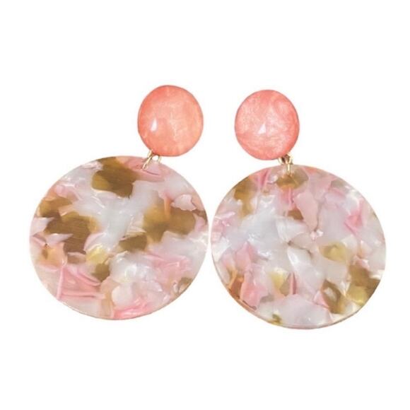 Pink and Brown Acrylic Marble Circle Drop Earrings - Picture 1 of 3
